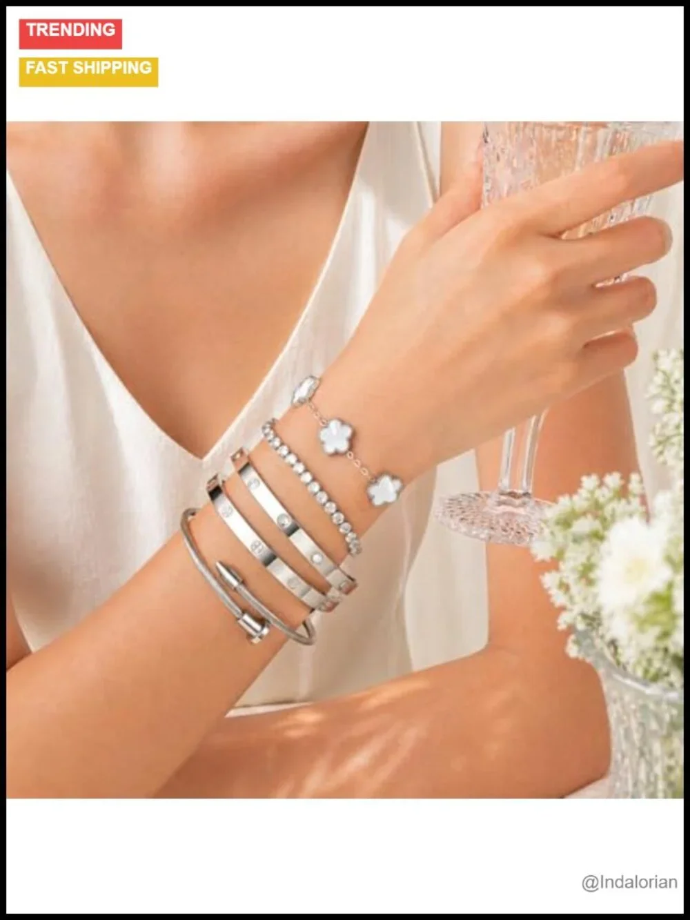 18K Gold Plated Love Bangle Bracelet Stack Adjustable CZ Tennis Chain Set